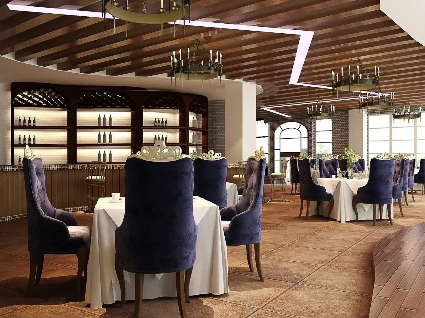 Salle de restaurant d’hôtel élégante avec fauteuils bleus et lustres
